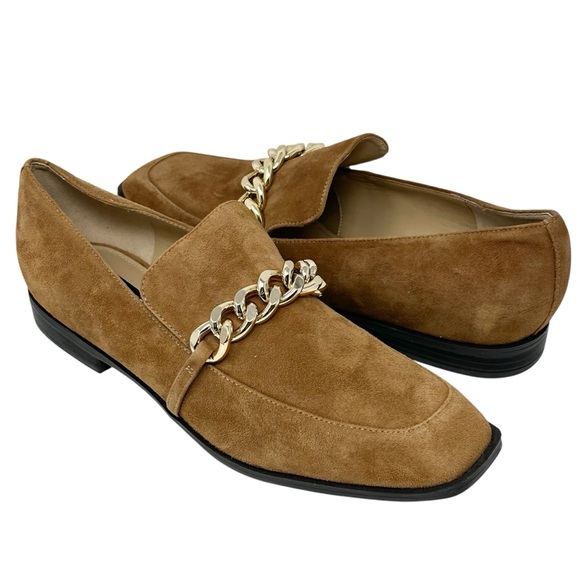 NEW Nine West Onxe Brown Suede Leather Gold Chain Slip On Loafers Womens 8.5 - Picture 1 of 6